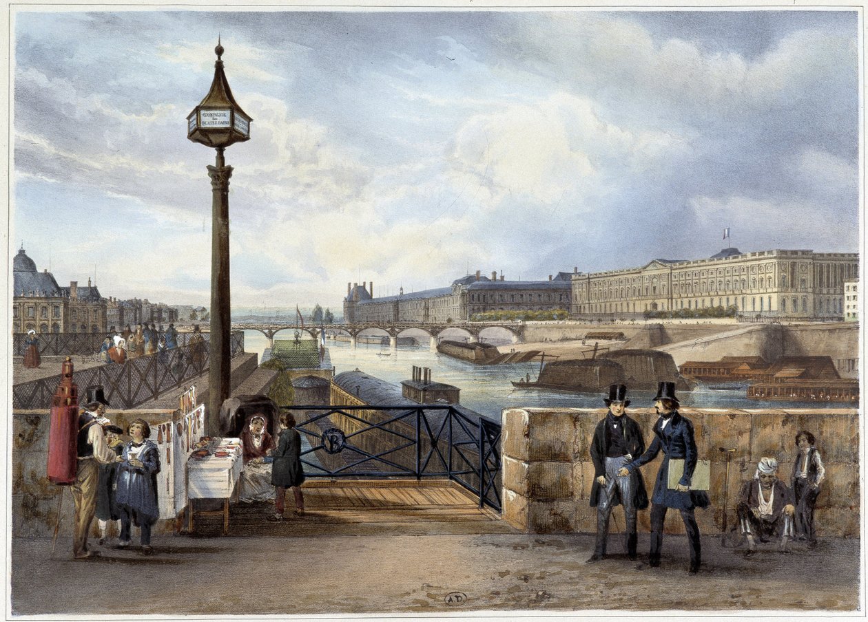 اشتعلت Le Louvre من Pont Neuf - في "" نزهة في باريس ومحيطها "، من تصميم Jacottet و Benoist ، c. 1840 بواسطة فيليب بينويست