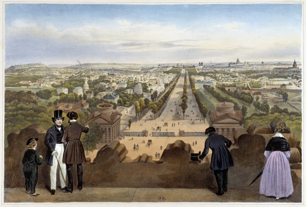 منظر لباريس من Arc de l'Etoile (الشانزليزيه) - في "" Walk in Paris ومحيطها "، صممه Jacottet and Benoist ، c. 1840 بواسطة فيليب بينويست