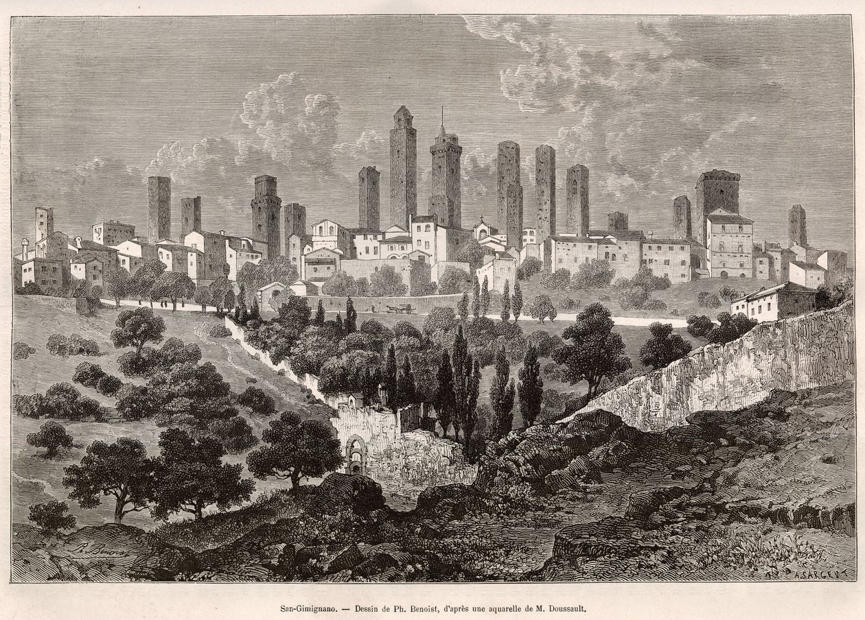 منظر لسان جيميجنانو (توسكانا ، إيطاليا). نقش بعد الرسم الذي رسمه Ph. Benoist ، لتوضيح الرحلة إلى توسكانا وأومبريا ، بواسطة فرانسيس وي ، في عام 1875 ، نُشر في "" Le tour du monde "" 1876 ، تحرير إدوارد شارتون ، طبعة Hachette ، باريس. سيل بواسطة فيليب بينويست