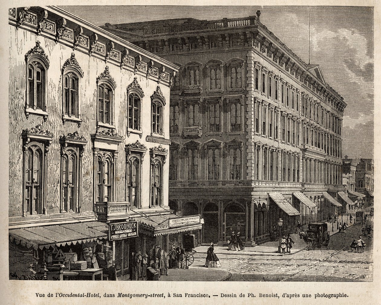 فندق Vue de l'Occidental (فندق Occidental) ، في شارع Montgomery (شارع Montgomery) ، سان فرانسيسكو (كاليفورنيا) ، نقش بعد الرسم الذي رسمه Ph. Benoist ، يوضح الرحلة من واشنطن إلى سان فرانسيسكو ، في عام 1868 ، بواسطة L. Simonin ، نُشرت في بواسطة فيليب بينويست