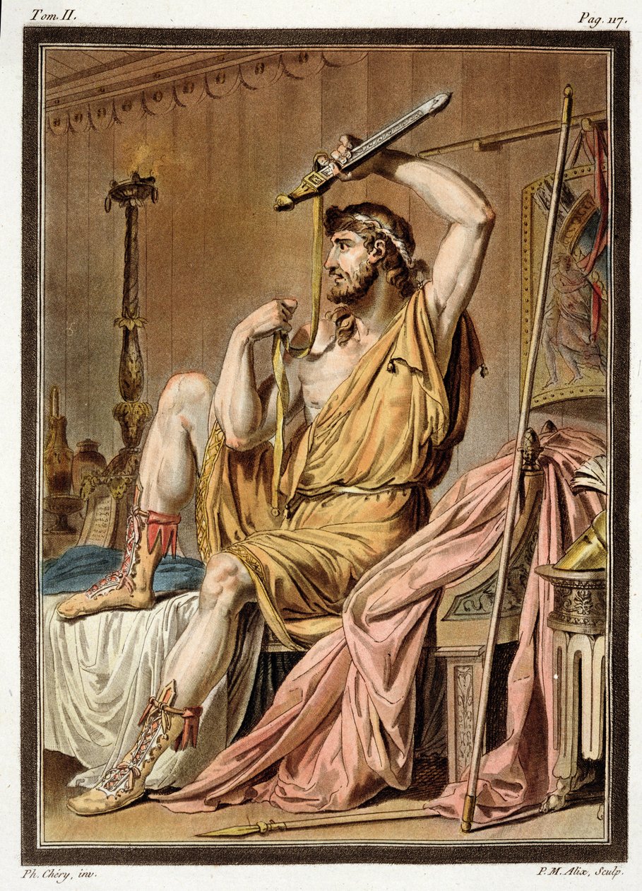 أجاممنون ، زي لـ "إيفيجينيا في Aulis" بقلم جان راسين ، من المجلد الثاني من "البحث في الأزياء ومسرح جميع الأمم" ، منقوش بواسطة بيير ميشيل أليكس (1762-1817) 1802 (نقش ملون بواسطة فيليب شيري