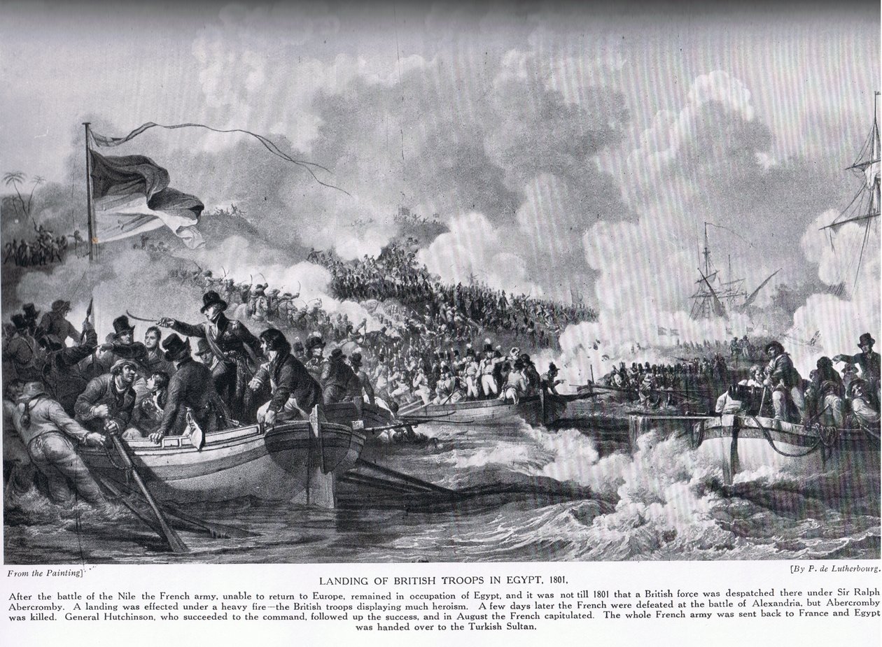 إنزال القوات البريطانية في مصر عام 1801 ، صورة من "تاريخ الأمم لهتشينسون" بواسطة فيليب جاك دو لوبيرج