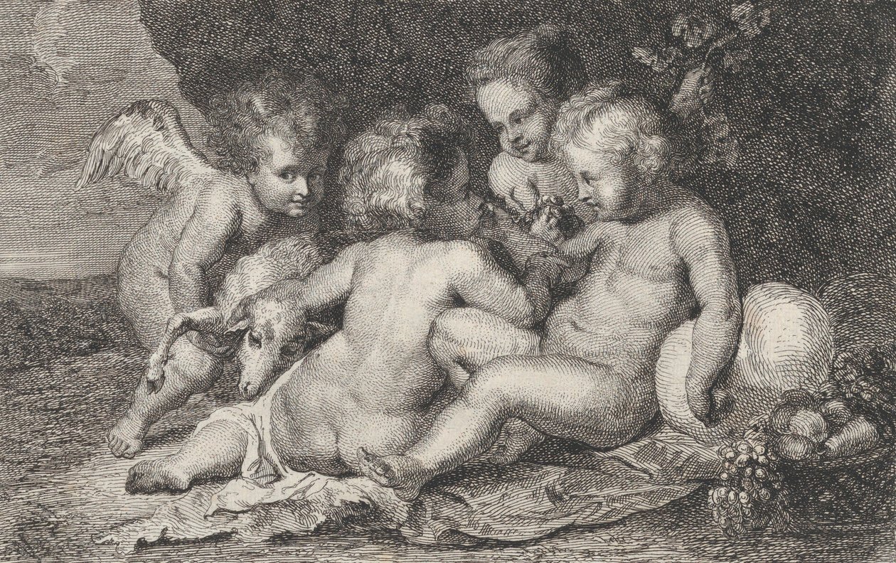 مجموعة من ثلاثة أطفال وبط مع فاكهة وحمل ، كاليفورنيا. 1760-1801. بواسطة فيليب لامبرت جوزيف سبرويت