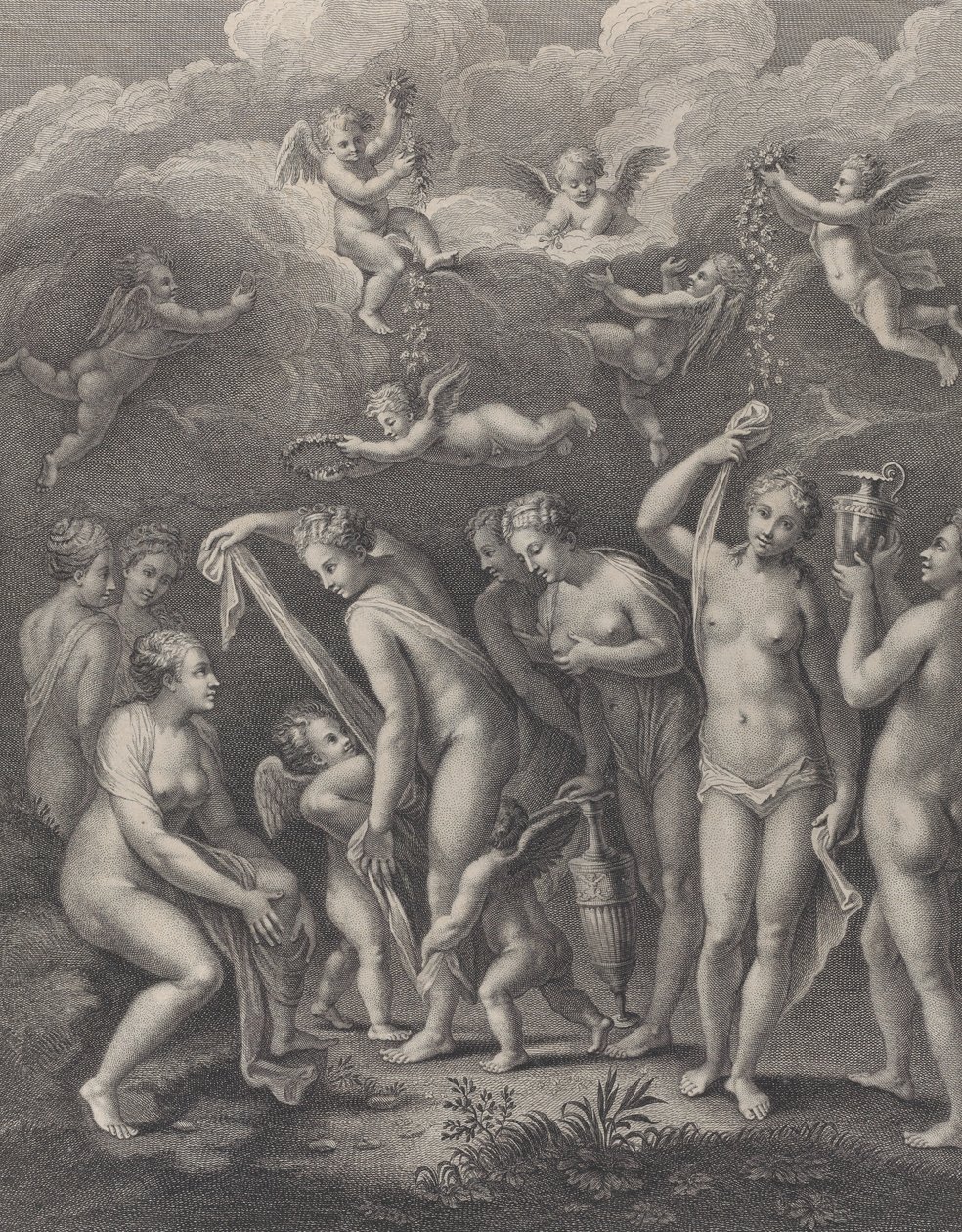 هيرا وأفروديت وأثينا يستعدون لمسابقة الجمال قبل P ... ، كاليفورنيا. 1729-40. بواسطة فيليب سيمونو
