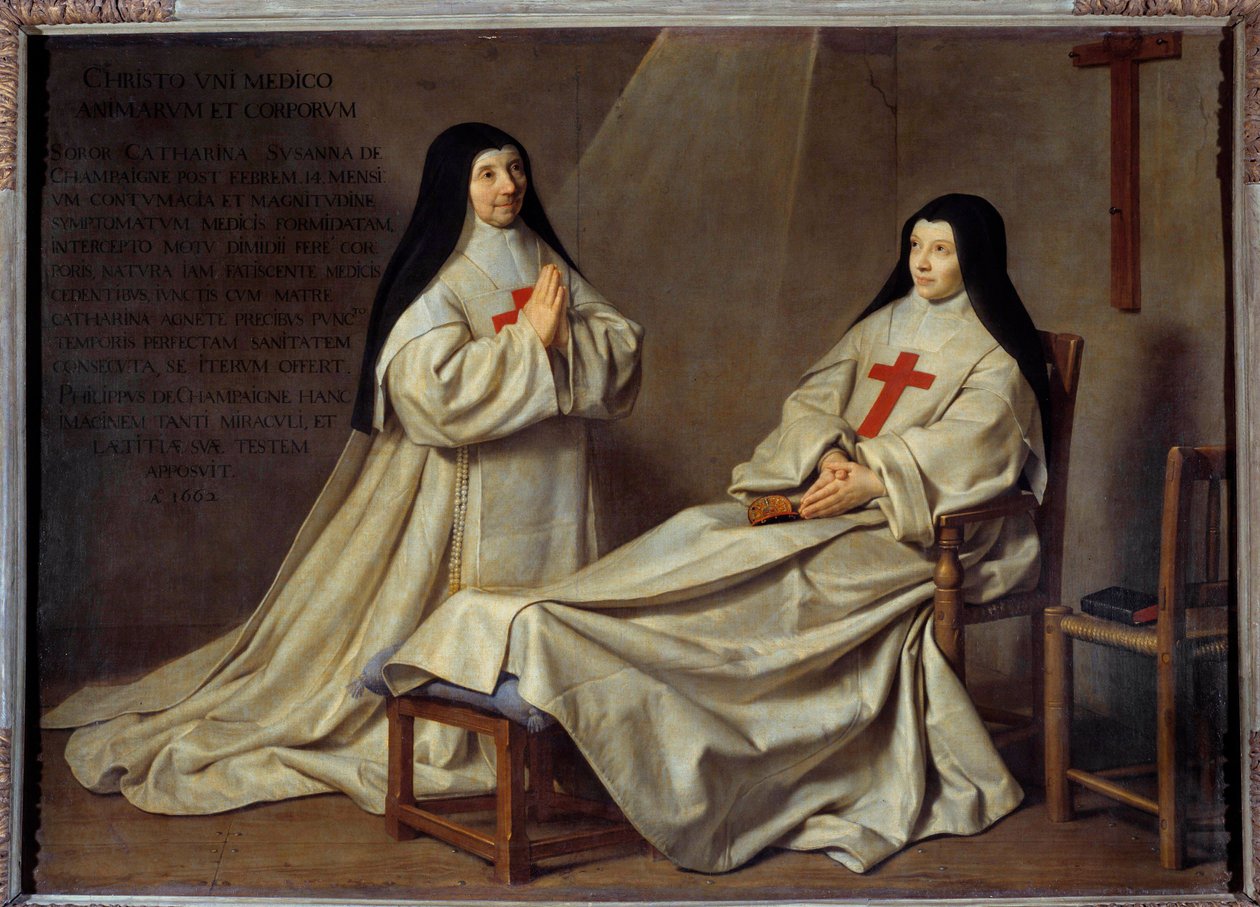 Jansenism: “” Portrait of Mother Catherine Agnes Arnauld (1593-1671) and Sister Catherine de Sainte Suzanne Champaigne (1636-1686), daughter of the artist””” Mother Catherine-Agnes of Saint-Paul called Agnes Arnauld was the abbess of the abbey of Port Roya بواسطة فيليب دي شامبين