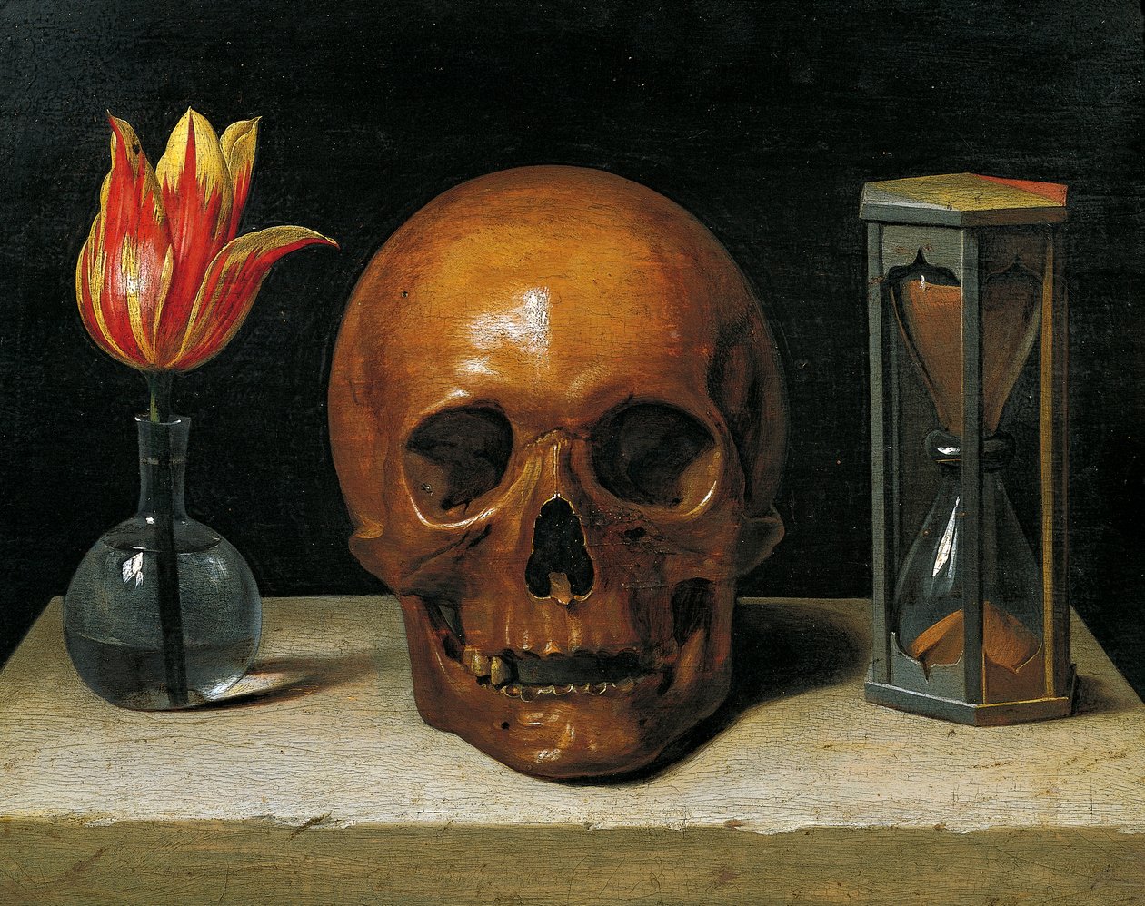 Vanitas Still Life with Tulip ، Skull و Hour-Glass (زيت على لوح) بواسطة فيليب دي شامبين