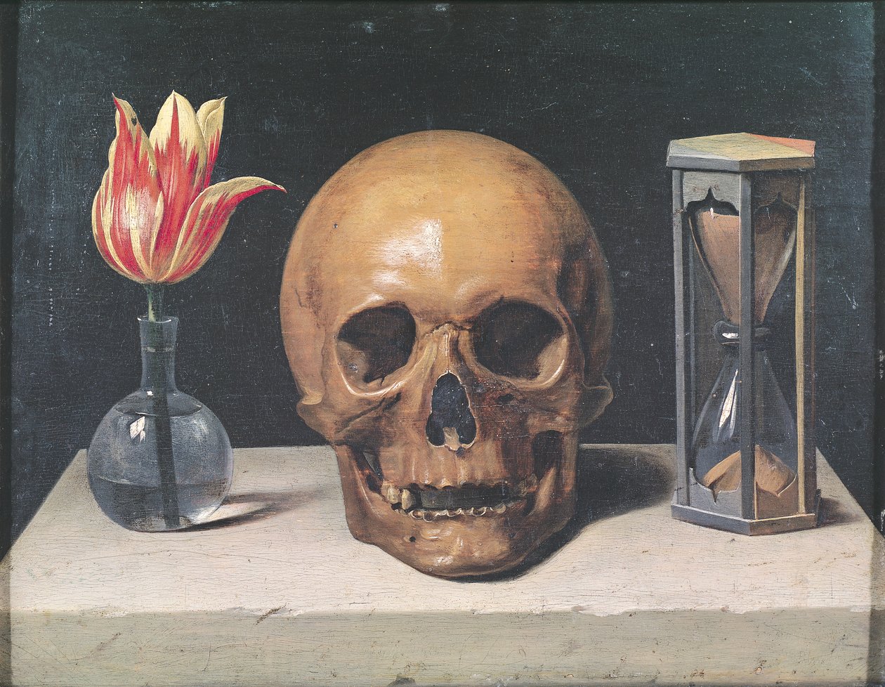 Vanitas Still Life with Tulip ، Skull و Hour-Glass (زيت على لوح) بواسطة فيليب دي شامبين
