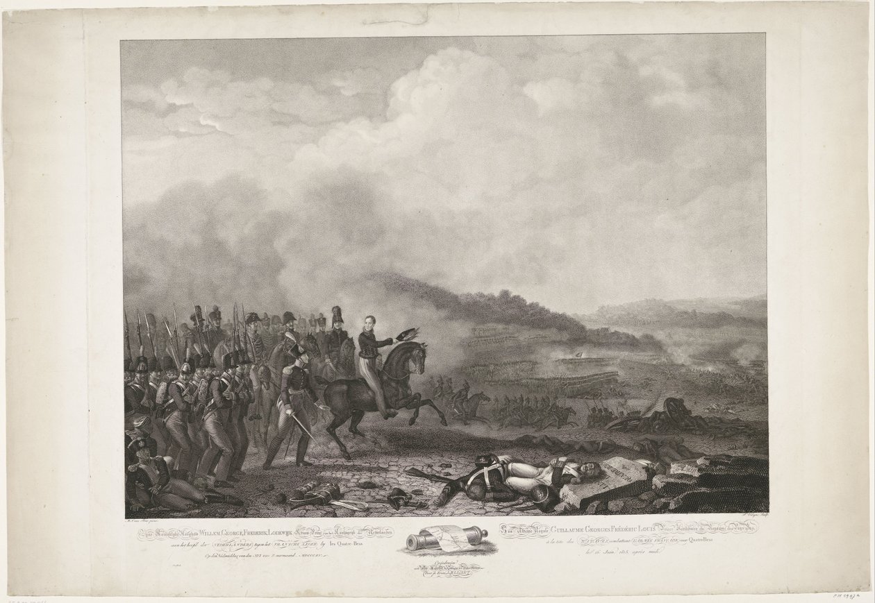 أمير أورانج يقود القوات الهولندية في معركة Quatre-Bras 1815 صاحب السمو الملكي فيليم ، جورج ، فريدريك ، ولي عهد مملكة هولندا لودويجك على رأس الهولنديين ضد الجيش الفرنسي بقلم Quatre-B بواسطة فيليب فيلين