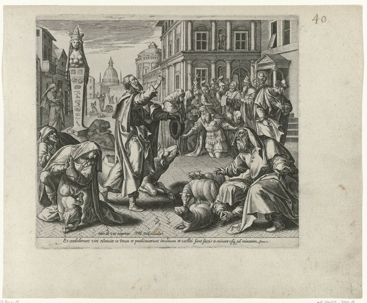يعلن يونان عن أونديرغانغ فان نينوى Boetedoening en berouw in het Oude Testament en het Nieuwe Testament (عنوان السلسلة) نوع من المغفرة والرحمة الإلهية لمن تاب من معاصيه بكل قلوبهم ولجأوا إلى الله. بواسطة فيليبس جالي (يُنسب إلى ورشة عمل)