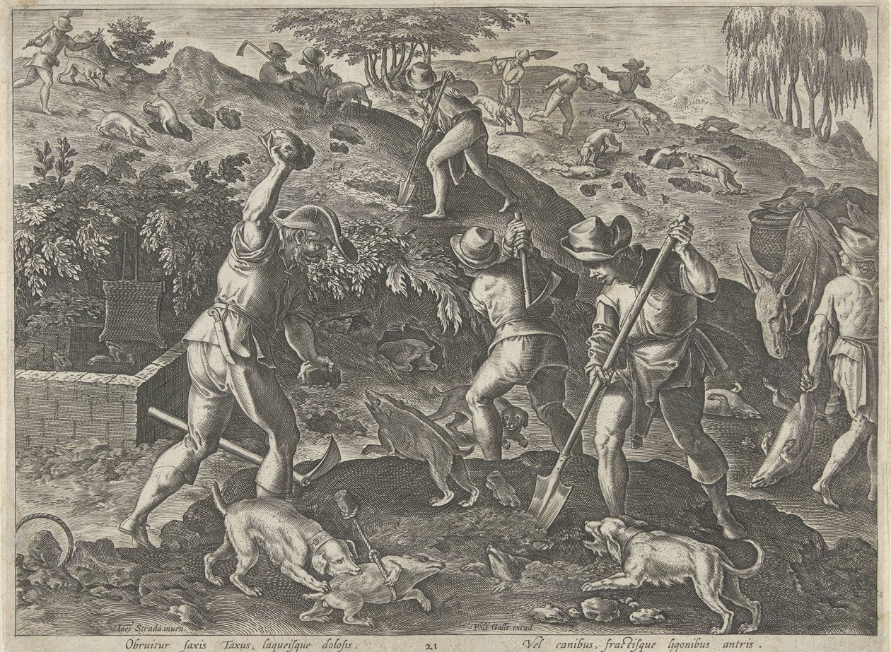 Jacht op dassen Jachttaferelen (عنوان المسلسل) وفيه كل نوع من الصيد والطيور وصيد الأسماك (عنوان السلسلة) بواسطة فيليبس جالي