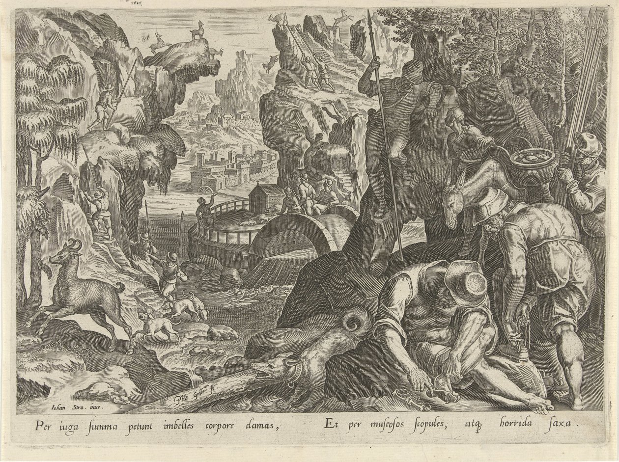 Jacht op gemzen Jachttaferelen (عنوان المسلسل) وفيه كل نوع من الصيد والطيور وصيد الأسماك (عنوان السلسلة) بواسطة فيليبس جالي