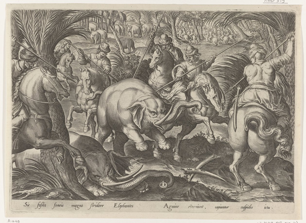 Jacht op olifante Jachttaferelen (عنوان المسلسل) وفيه كل نوع من الصيد والطيور وصيد الأسماك (عنوان السلسلة) بواسطة فيليبس جالي