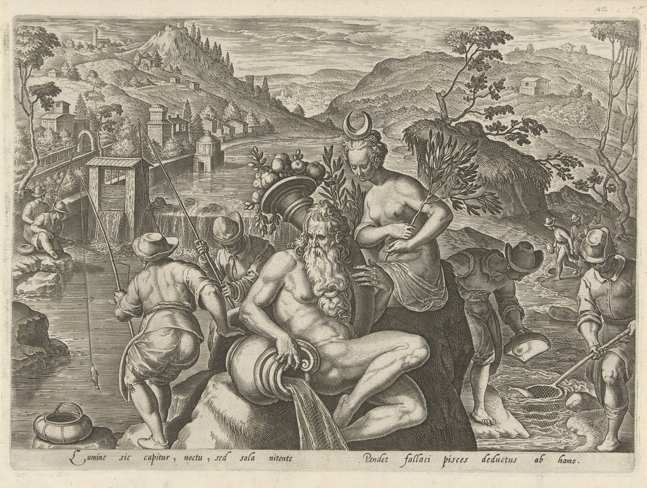 Nachtelijk vissen التقى een hengel Jachttaferelen (عنوان المسلسل) وفيه كل نوع من الصيد والطيور وصيد الأسماك (عنوان السلسلة) بواسطة فيليبس جالي