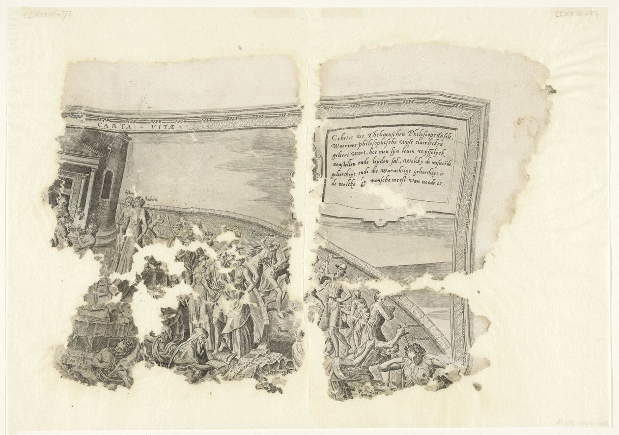 الزاوية اليمنى العليا لطبعة مشهد سيبيس Tabula Cebetis Carta Vitae (العنوان على الكائن) بواسطة فيليبس جالي