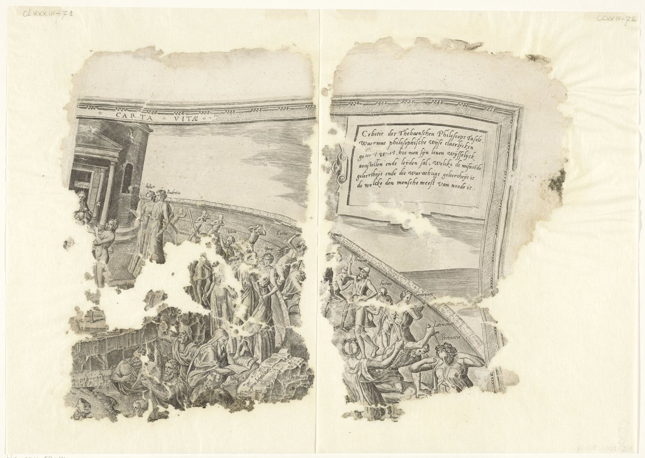 الزاوية اليمنى العليا لطبعة مشهد سيبيس Tabula Cebetis Carta Vitae (العنوان على الكائن) بواسطة فيليبس جالي