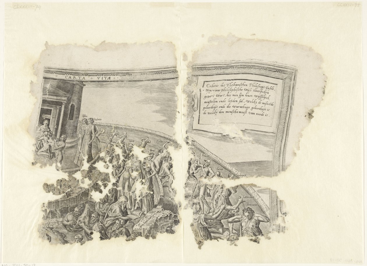 الزاوية اليمنى العليا لطبعة مشهد سيبيس Tabula Cebetis Carta Vitae (العنوان على الكائن) بواسطة فيليبس جالي
