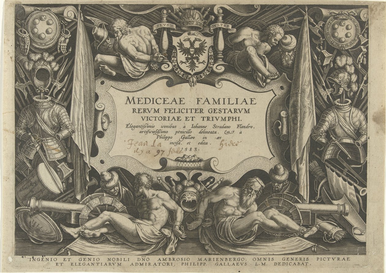 Titelprent van de serie Mediceae Familiegeschiedenis van het geld De 'Medici (عنوان السلسلة) Mediceae Familiae rerum felicitere gestarum victoriae et triumph (عنوان السلسلة على الكائن) بواسطة فيليبس جالي
