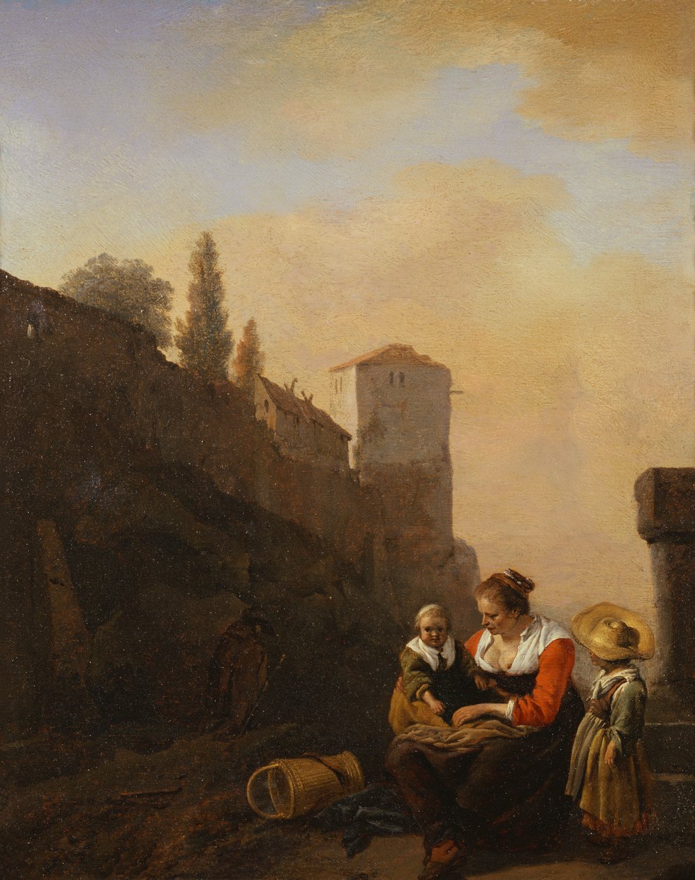 فلاح وطفلان يستريحان أمام برج في إيطاليا (زيت على قماش) بواسطة Philips Wouwermans أو Wouvermans