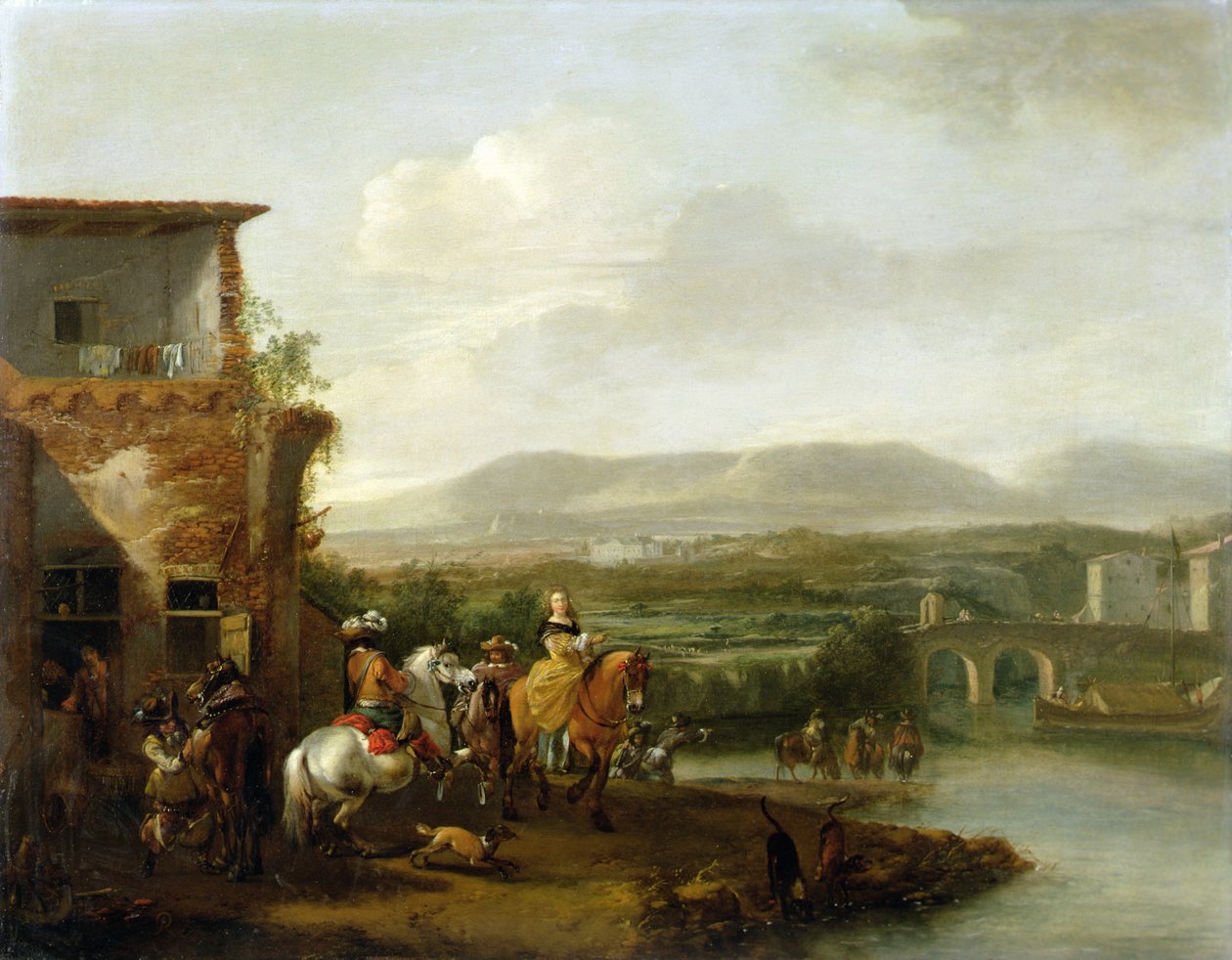 حفلة ركوب أنيقة خارج مزرعة على ضفاف نهر (زيت على قماش) بواسطة Philips Wouwermans أو Wouvermans