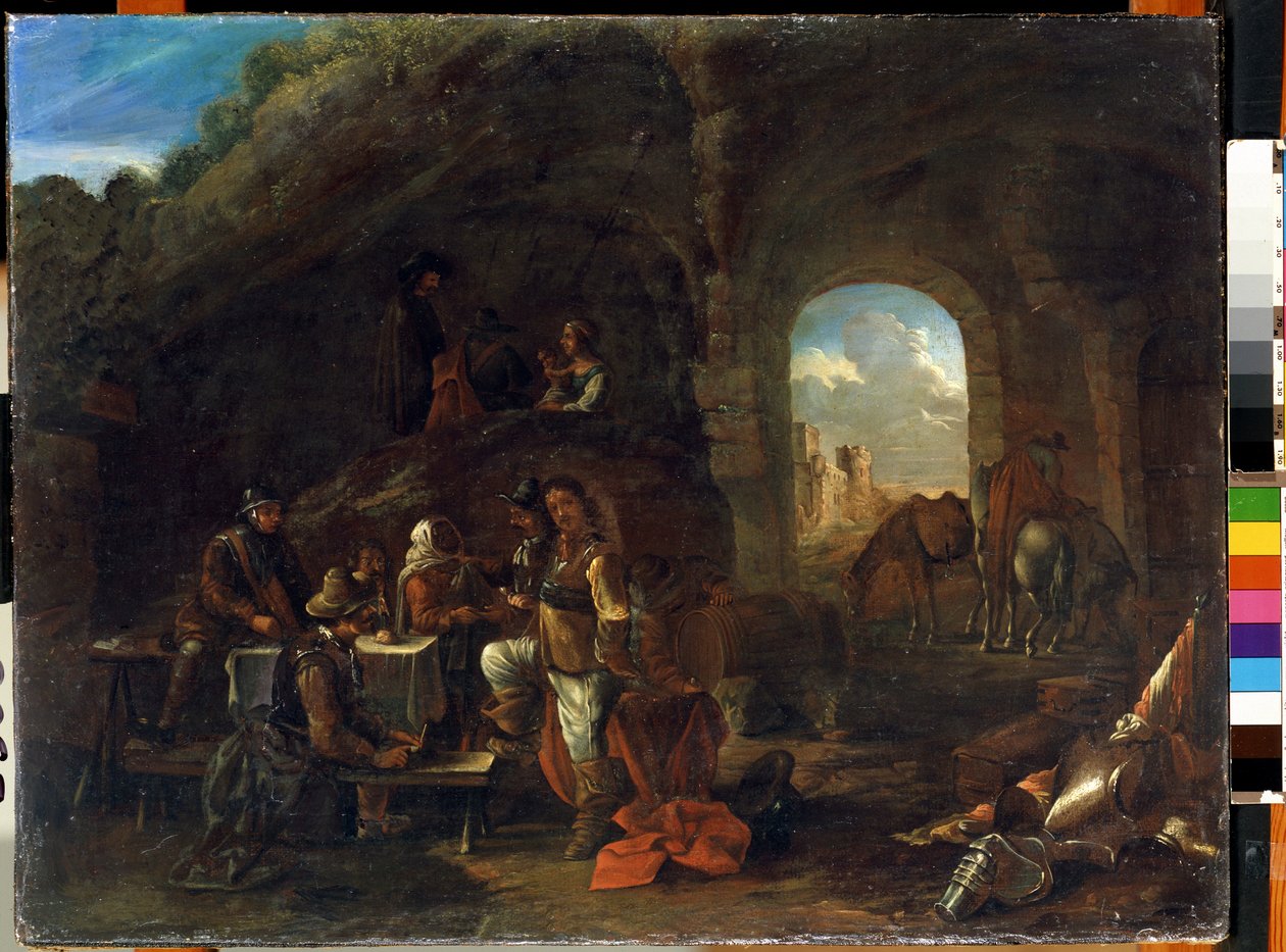 مشهد الحانة. اللوحة بواسطة Philips Wouwerman (1619-1668). زيت على خشب ، ٤٨ × ٦٣ سم. مدرسة هولندية من القرن السابع عشر. متحف الدولة M. Ciurlionis للفنون ، كاوناس (ليتوانيا). بواسطة Philips Wouwermans أو Wouvermans