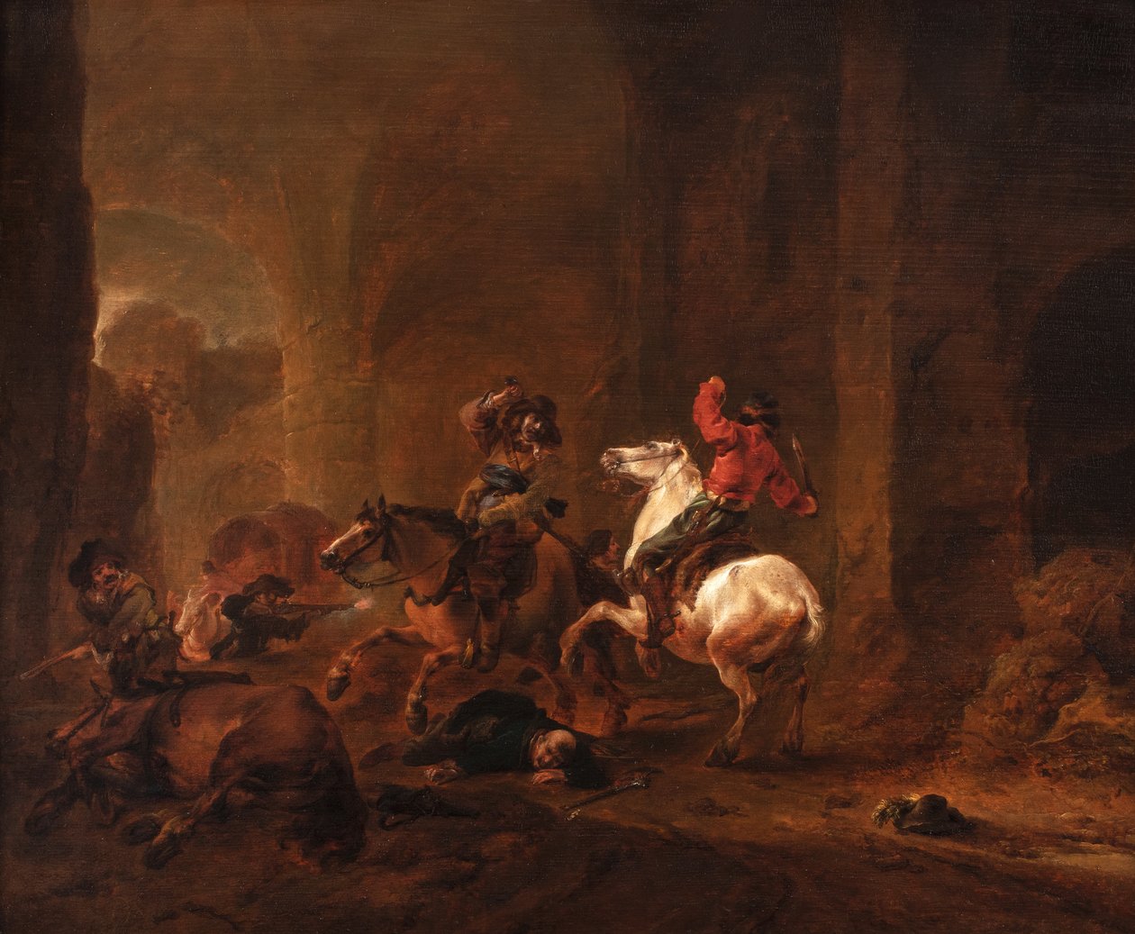 قطاع الطرق نصبوا كمينًا للمسافرين على طريق بين الأنقاض، حوالي 1635-50 (زيت على لوح) بواسطة Philips Wouwermans أو Wouwerman