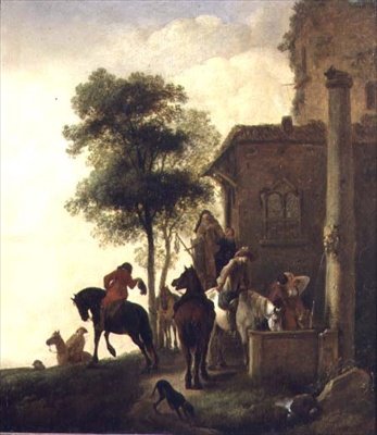 المسافرون يروون خيولهم خارج نزل (زيت على لوح) بواسطة Philips Wouwermans أو Wouwerman