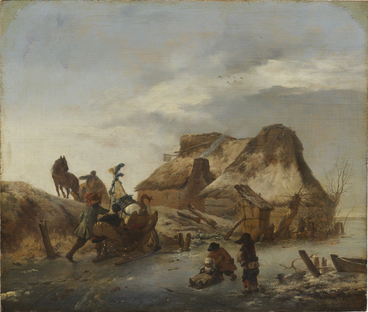 Un noble en traineau sur la glace - مزلقة نوبل على الجليد ، بقلم وويرمان ، فيليبس (1619-1668). زيت على خشب ، ج. ١٦٤٦. الأبعاد: ٣٦ × ٤٣ سم. المتحف الوطني ستوكهولم بواسطة Philips Wouwermans أو Wouwerman