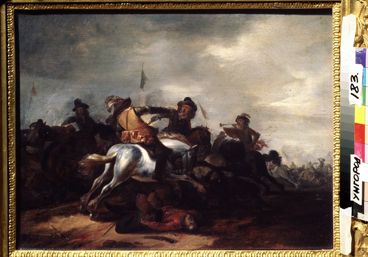 معركة. اللوحة بواسطة Philips Wouwerman (1619-1668). زيت على خشب ، ٣١ × ٤١ سم. الفن الفلمنكي ، الفن الباروكي. متحف الفن الإقليمي ، أوزجورود (أوكرانيا). بواسطة Philips Wouwermans أو Wouwerman