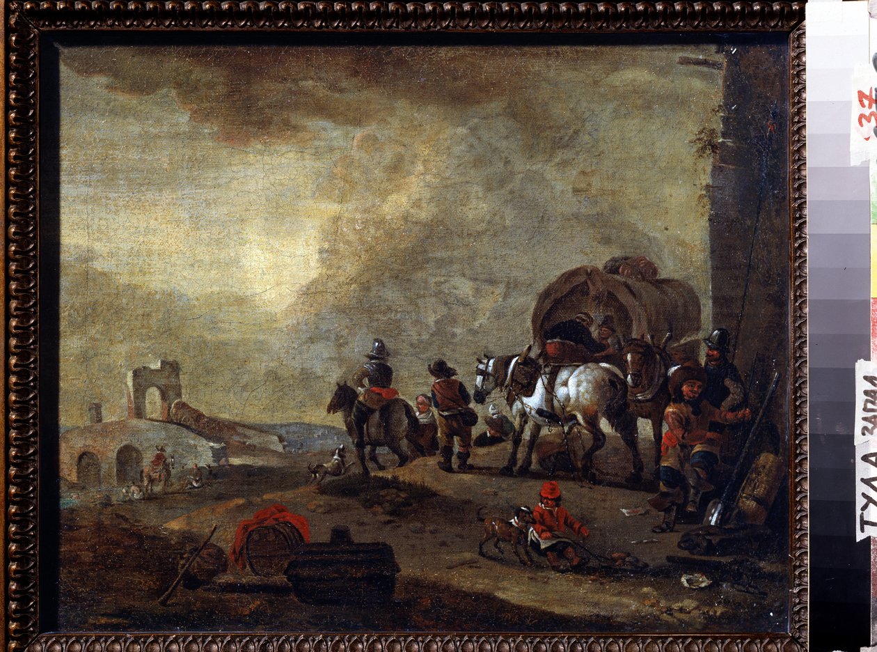 مسافرون على الطريق. اللوحة بواسطة Philips Wouwerman (1619-1668). زيت على قماش ، 33.5 × 41.5 سم. الفن الفلمنكي ، على الطراز الباروكي. متحف الدولة للفنون ، تولا (أو تولان) ، روسيا. بواسطة Philips Wouwermans أو Wouwerman