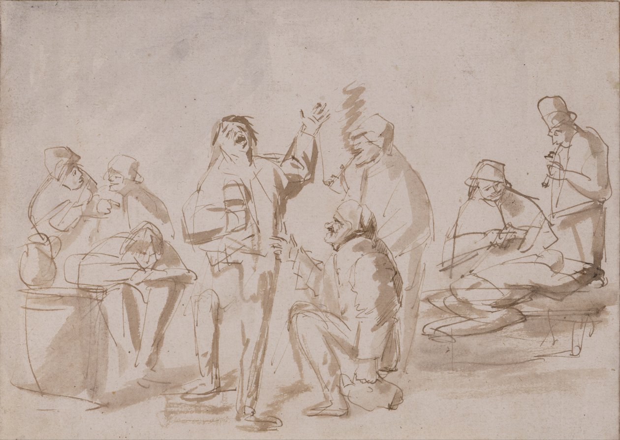 الفلاحون في حانة ، c.1662 (قلم وحبر مع غسل على الورق) بواسطة فيليبس دي كونينك