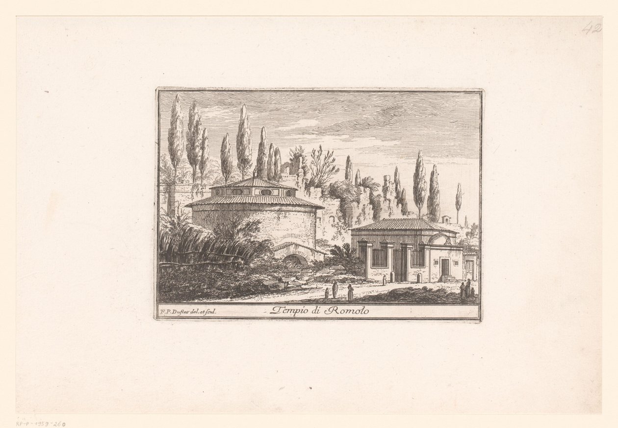 منظر لمعبد رومولوس Tempio di Romolo (العنوان على الكائن) مناظر لروما القديمة والحديثة (عنوان السلسلة) Varie Vedute di Roma Antica، e Moderna (عنوان السلسلة) بواسطة فيلوتي فرانسوا دوفلوس