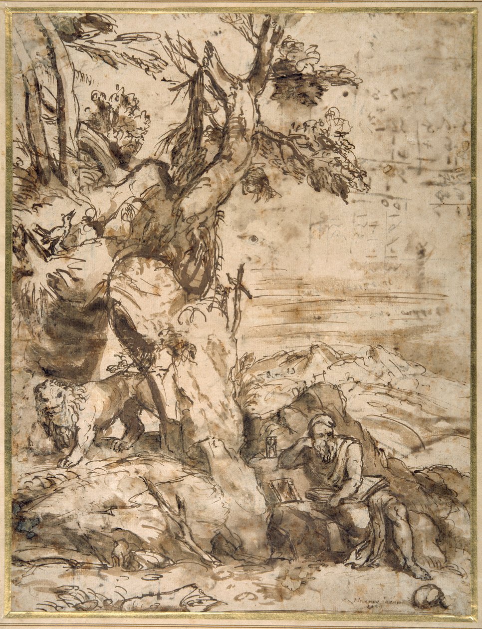 St Jerome reading in the wilderness, after Titian (c.1488-1576) (reed pen & brown ink with brown wash on cream laid paper) بواسطة بيير فرانشيسكو مولا