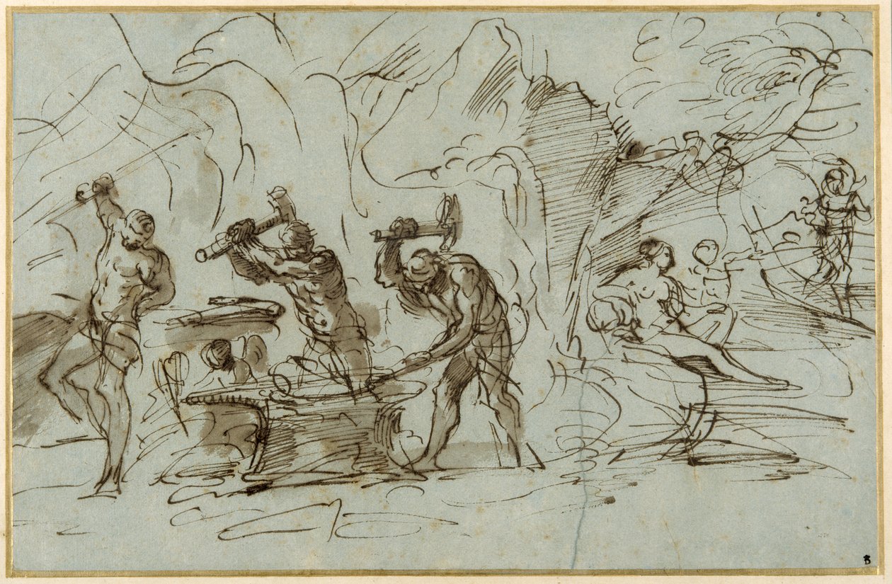 The Forge of Vulcan (pen & ink with wash, heightened with gouache on paper) بواسطة بيير فرانشيسكو مولا
