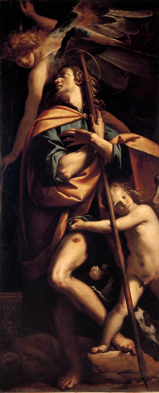 القديس روش يحمل بوبون الطاعون على ساقه. لوحة لفرانشيسكو مازوتشيلي ديت إيل مورازوني (1573-1626) 1610-1615 قاتمة 240 × 100 سم ميلان ، مجموعات سيفيك من كاستيلو سفورزيسكو بواسطة بيير فرانشيسكو مورازوني