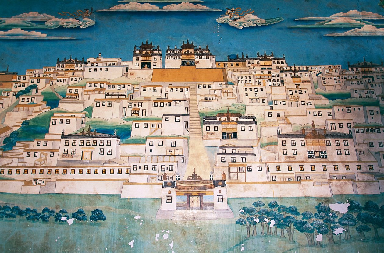 Fresco depicting the city in Ganden Sumtsenling Monastery (gompa), Zhongdian (in Tibetan Gyalthang, renamed in 2001 to Shangri-La by the Chinese government to promote tourism in this area of the Tibetan high plateau), Yunnan Province, China بواسطة بليز نيكولا لو سوير