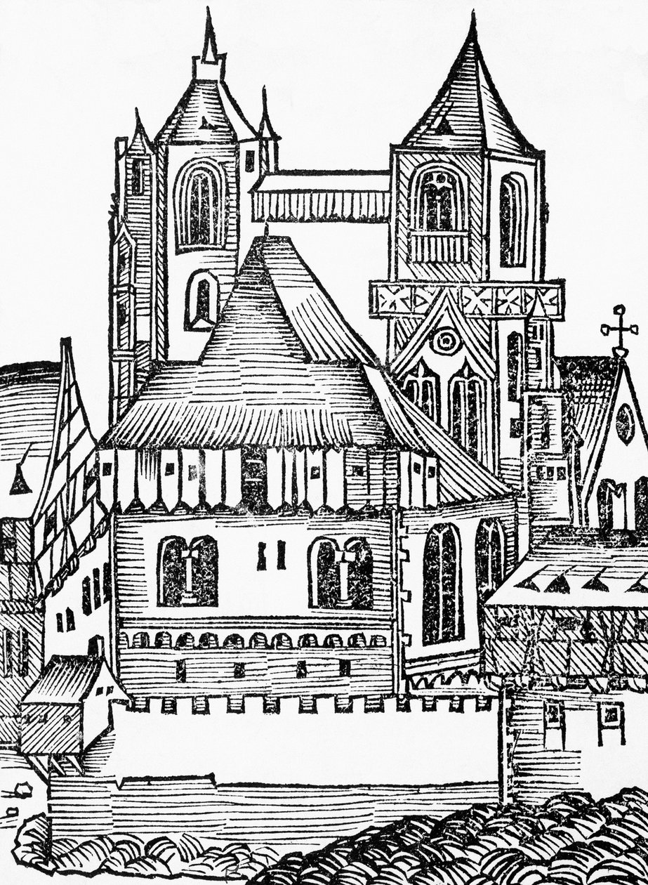Montecassino Abbey, German woodcut, from Nuremberg Chronicle (Liber Chronicarum) by Hartmann Schedel بواسطة بليز نيكولا لو سوير