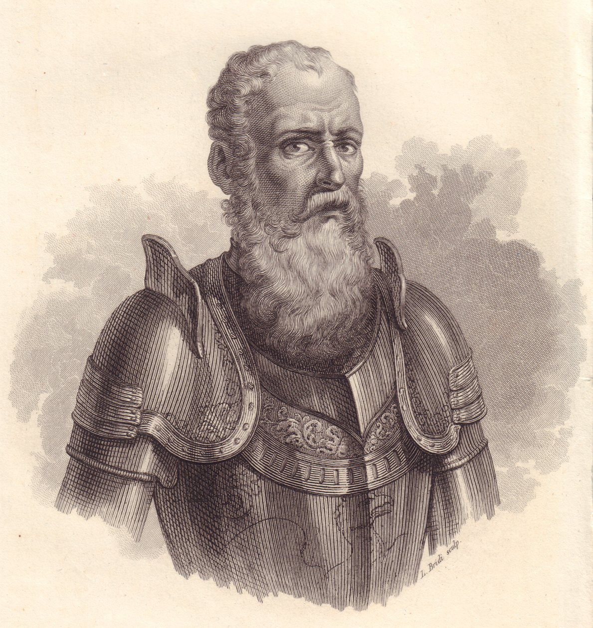 صورة للقائد العسكري الإيطالي إيزيلينو الثالث دا رومانو أو إسيلينو دا رومانو (1194-1259) ، نقش على النحاس بواسطة بليز نيكولا لو سوير