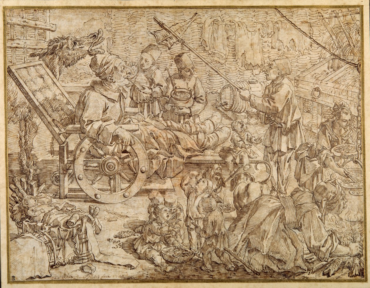 Polcinello invalided with gout (pen & ink on paper) بواسطة بيير ليون غزي