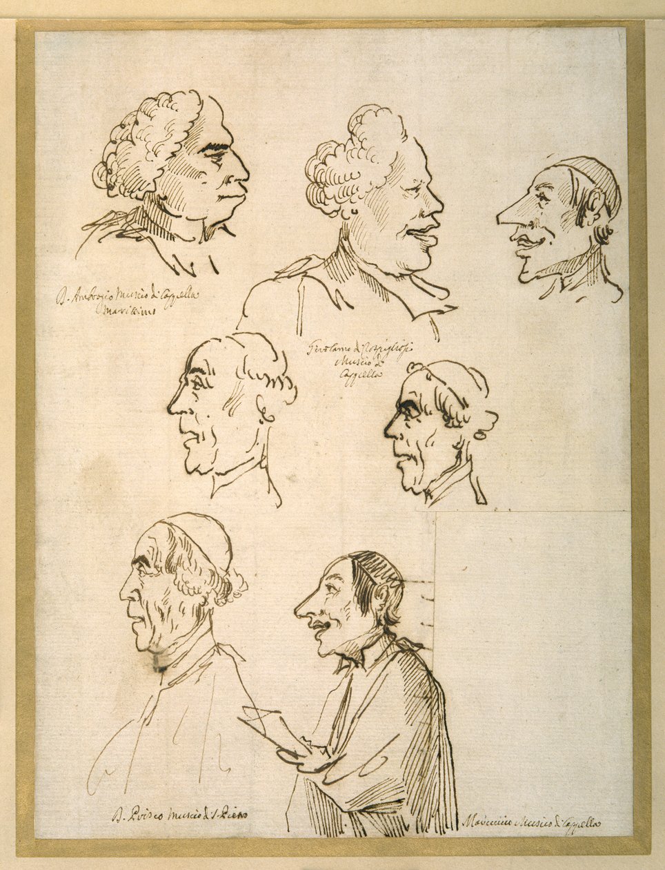 Seven caricatured profiles of four singers of the papal chapels (pen & ink on paper) بواسطة بيير ليون غزي