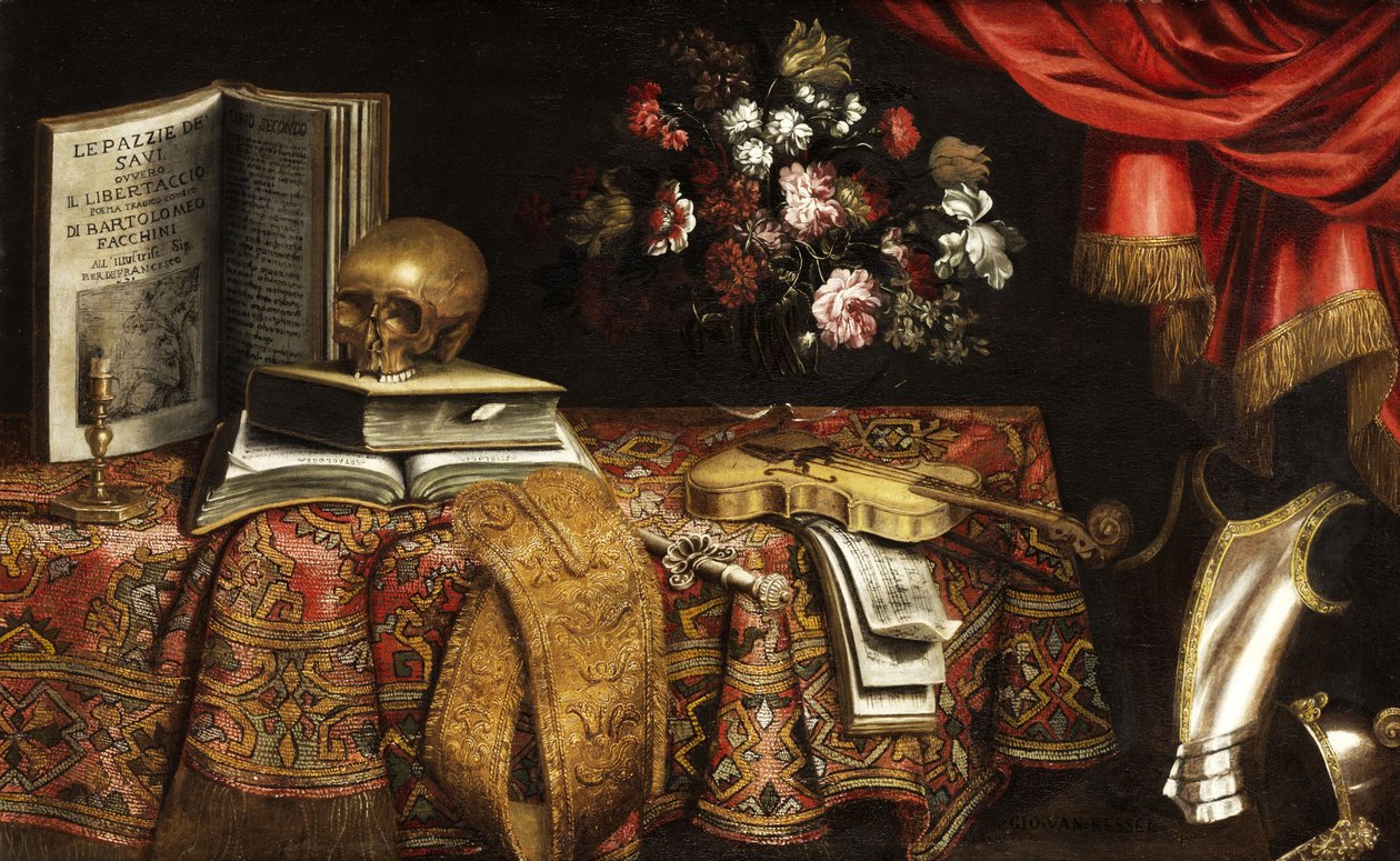 Vanitas لا تزال الحياة مع الكمان ، كتاب الموسيقى ، إناء الزهور والجمجمة بواسطة Pierfrancesco Cittadini