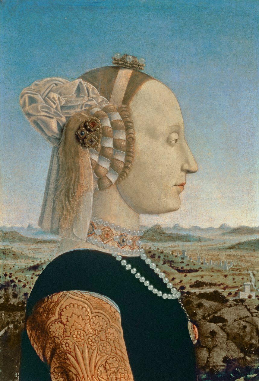 باتيستا سفورزا ، زوجة Federigo da Montefeltro ، دوق أوربينو ، c.1465 (التفاصيل من 95420) بواسطة بييرو ديلا فرانشيسكا