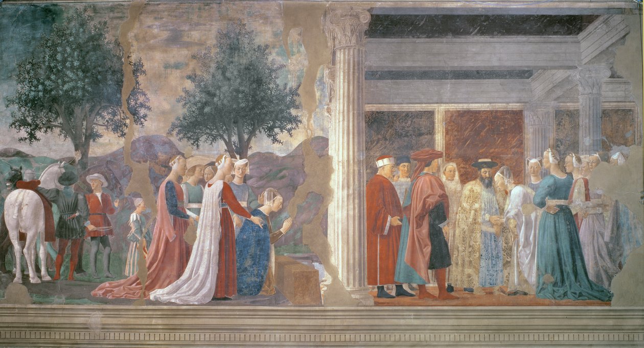 ملكة سبأ عبادة خشب الصليب الحقيقي واستقبال الملك سليمان للملك سليمان (c.1015-977) من أسطورة دورة الصليب الحقيقي ، اكتملت عام 1464 بواسطة بييرو ديلا فرانشيسكا