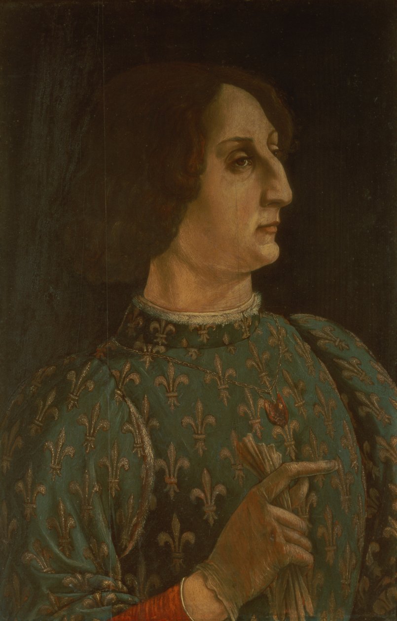 صورة لجالياتسو ماريو سفورزا (1444-76) حوالي 1471 (تمبرا على اللوحة) (انظر أيضًا 168788) بواسطة بييرو ديل بوليولو