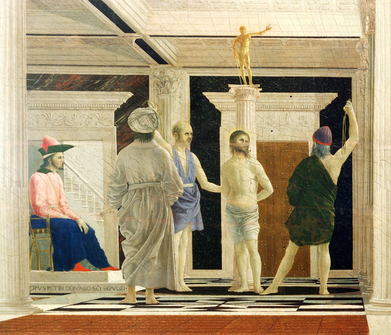 جلد المسيح بقلم بييرو ديلا فرانشيسكا (1412-1492) ، تمبرا على لوح ، 58x81،5 سم ، التفاصيل بواسطة بييرو ديلا فرانشيسكا
