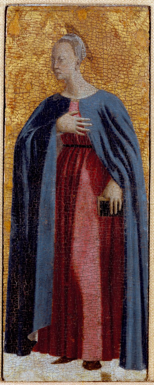 Polyptic of Misericorde: the Virgin of Misericorde, surrounded by saints. Detail depicting the Virgin of the Annunciation. Painting on wood by Piero della Francesca (1415/20-1492) 1445-1460 Dim. 54x21 cm Sansepolcro, Pinacoteca Comunale بواسطة بييرو ديلا فرانشيسكا