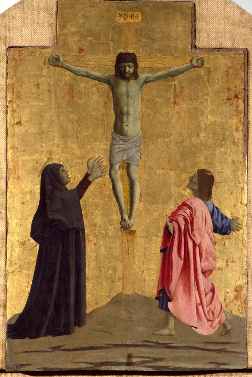 Polyptic of Misericorde: عذراء Misericorde ، محاطة بالقديسين. تفاصيل تصور الصلب مع نقش "INRI" على الصليب الخشبي لبييرو ديلا فرانشيسكا (1415 / 20-1492) 1445-1460 خافت. 81x52،5 سم Sansepolcro، Pinacoteca C. بواسطة بييرو ديلا فرانشيسكا