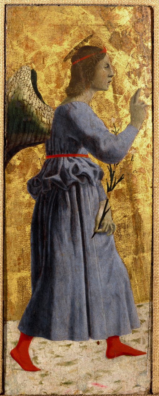 Polyptic of Misericorde: عذراء Misericorde ، محاطة بالقديسين. تمثل التفاصيل ملاك البشارة. الرسم على الخشب لبييرو ديلا فرانشيسكا (1415 / 20-1492) 1445-1460 خافت. 55x20 سم Sansepolcro ، Pinacoteca Comunale بواسطة بييرو ديلا فرانشيسكا