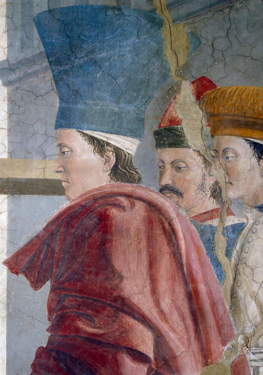 أسطورة الصليب الحقيقي ، التحقق من الصليب الحقيقي ، تفاصيل ثلاثة حاضرين ، أكملت 1464 فريسكو بواسطة بييرو ديلا فرانشيسكا