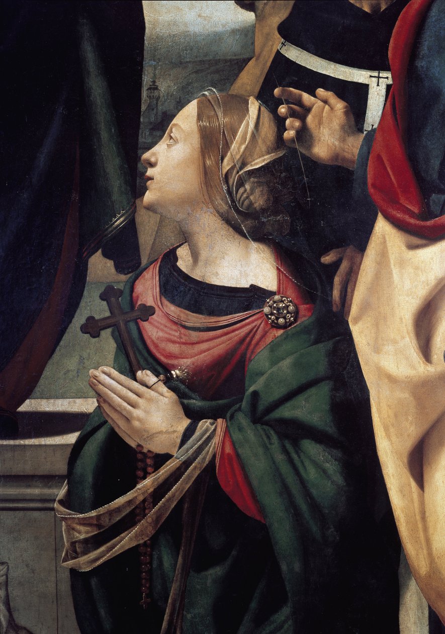 Saint Margarita of Antioch, detail of Immaculee conception surrounded by 6 Saints. (Oil on canvas, c. 1505) بواسطة بييرو دي كوزيمو
