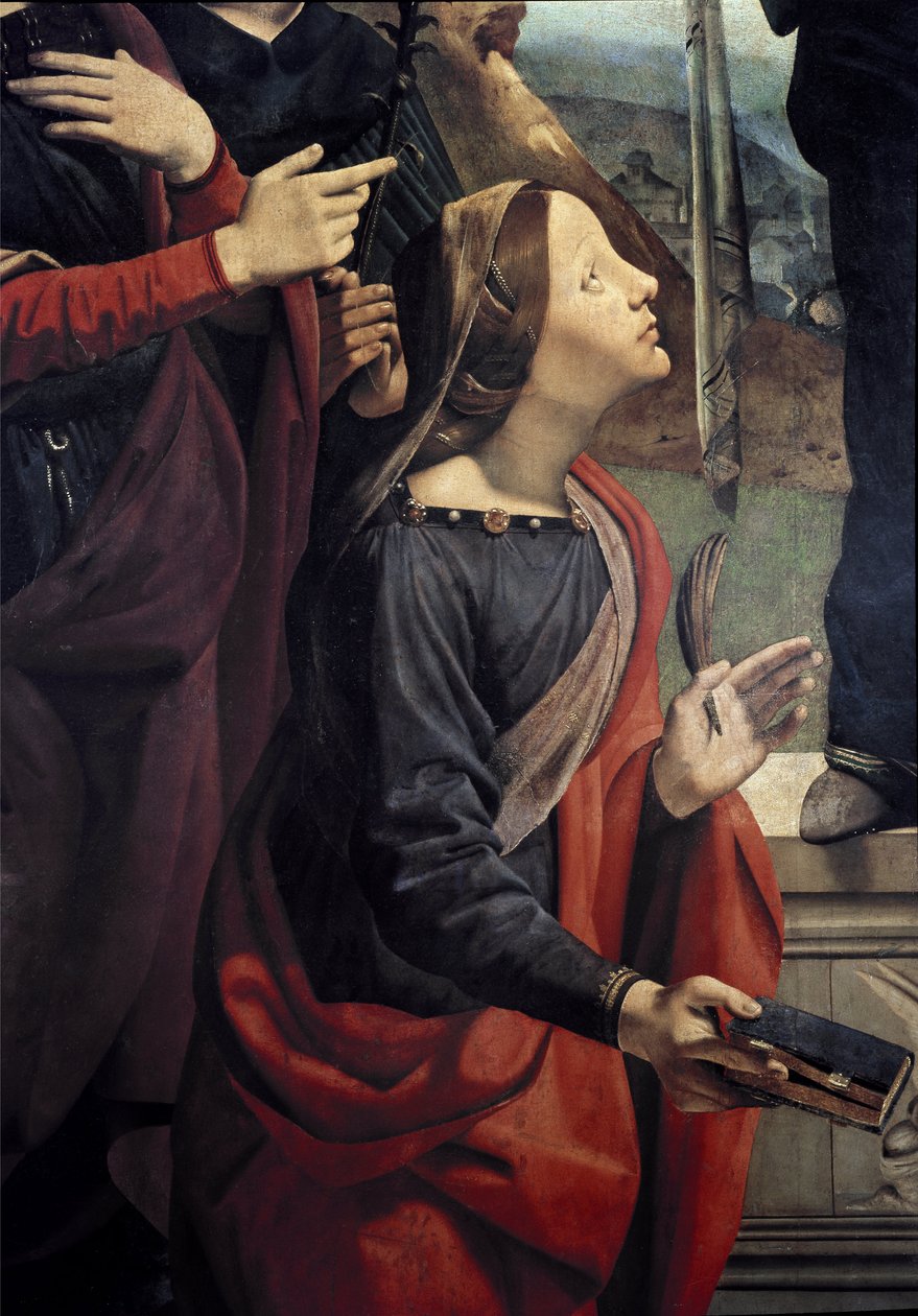 St. Catherine of Alexandria, detail of Immaculee conception surrounded by 6 Saints. (Oil on canvas, c. 1505) بواسطة بييرو دي كوزيمو